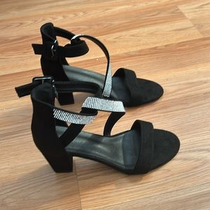 Black suede heeled sandals with rhinestones